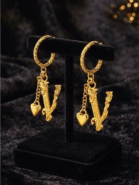 Versace Gold-Tone V Letter Hoop Earrings with Heart Charm